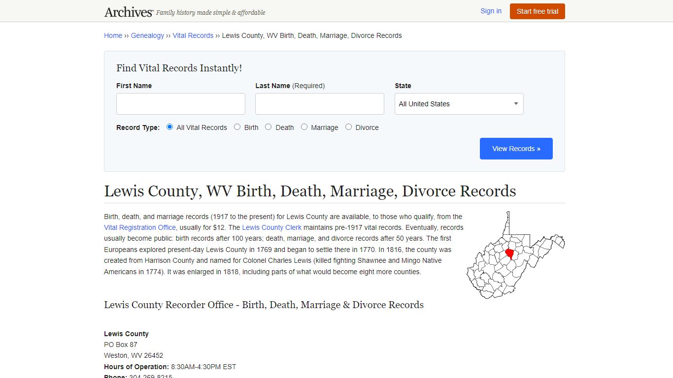Lewis County, WV Birth, Death, Marriage, Divorce Records - Archives.com